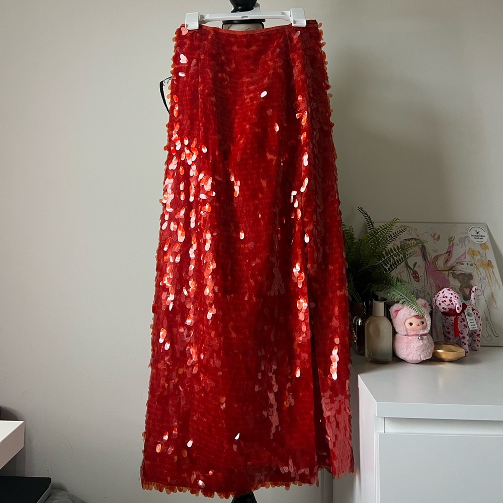 stunning iridescent sequin redish orange maxi skirt with slit size xs